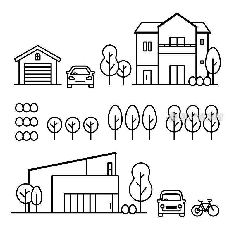一套图标的郊区的房子，种植的树，汽车，自行车，和车库