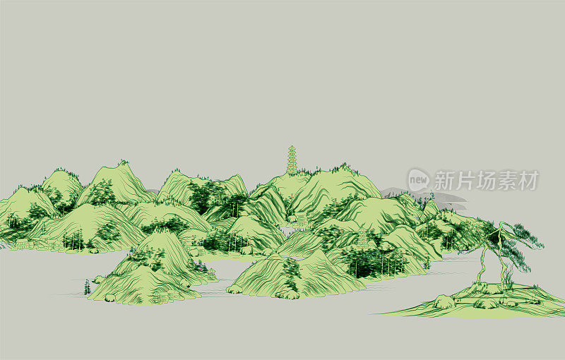 中国传统的绿色山水画，抽象的山水画