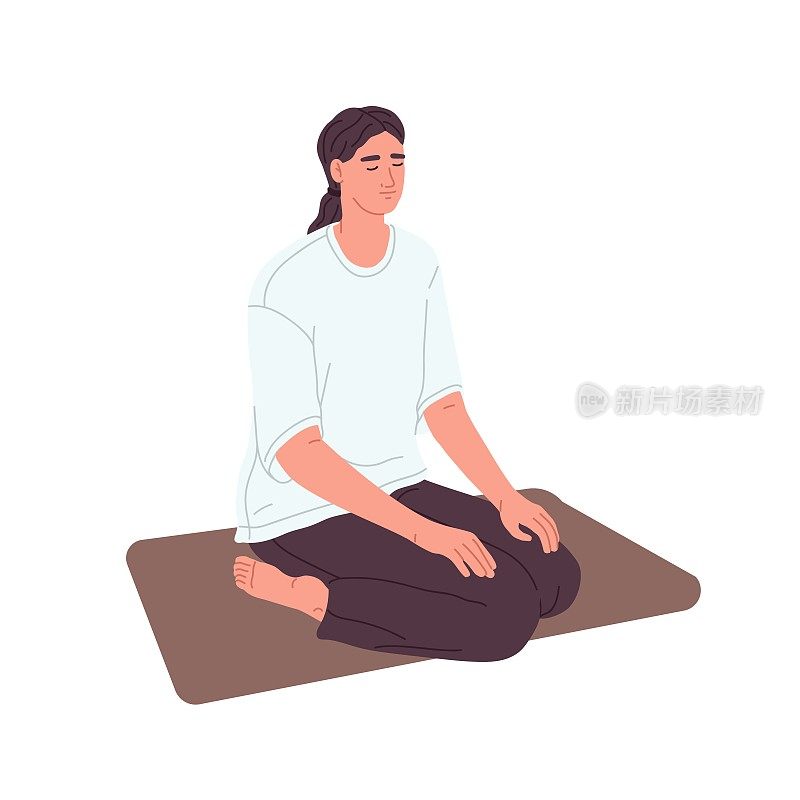 平静的冥想和瑜伽练习。平静的女人在冥想跪式，禅式。人在休息时坐在垫子上，放松。平面矢量插图孤立在白色背景上