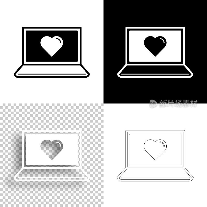 笔记本电脑的心。图标设计。空白，白色和黑色背景-线图标