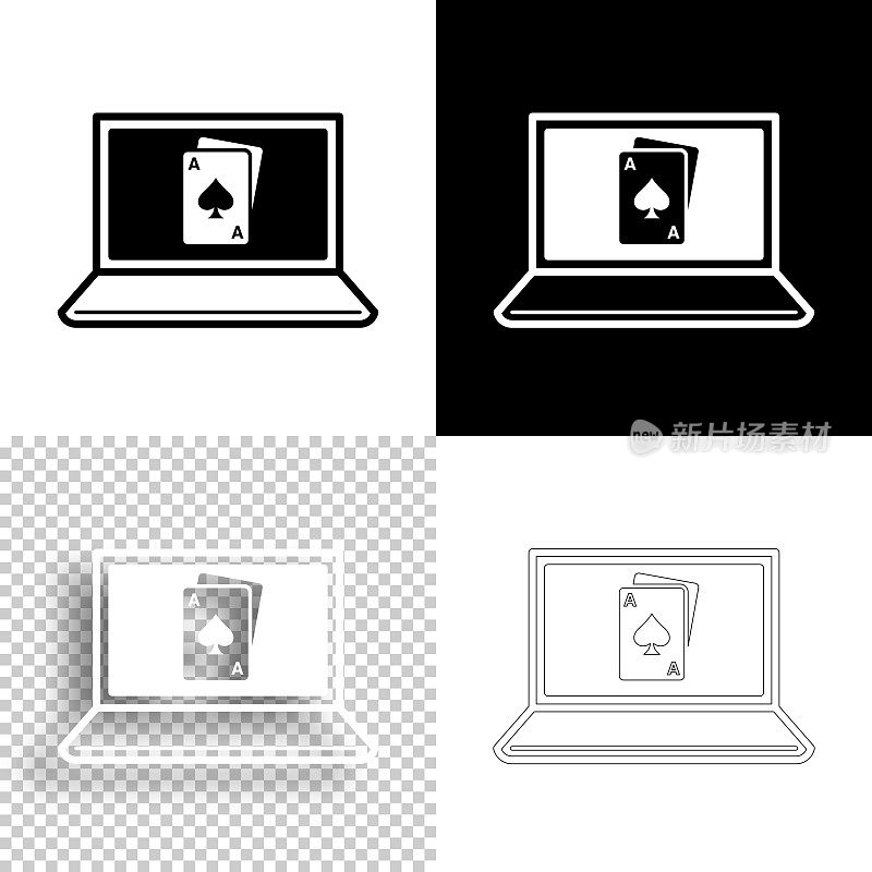 带扑克牌的笔记本电脑。图标设计。空白，白色和黑色背景-线图标