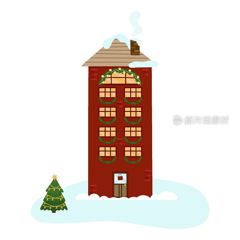 这是一座舒适的冬季红房子，有五层楼，圣诞节用冷杉花环装饰。一个节日的冬季城市。矢量插图设计，装饰，明信片