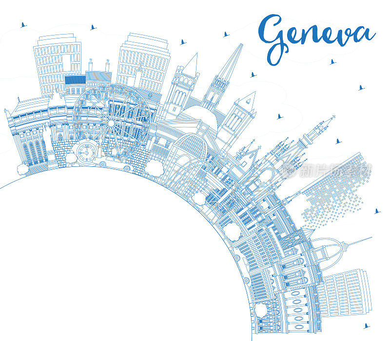 轮廓日内瓦瑞士城市天际线与蓝色的建筑和复制空间。