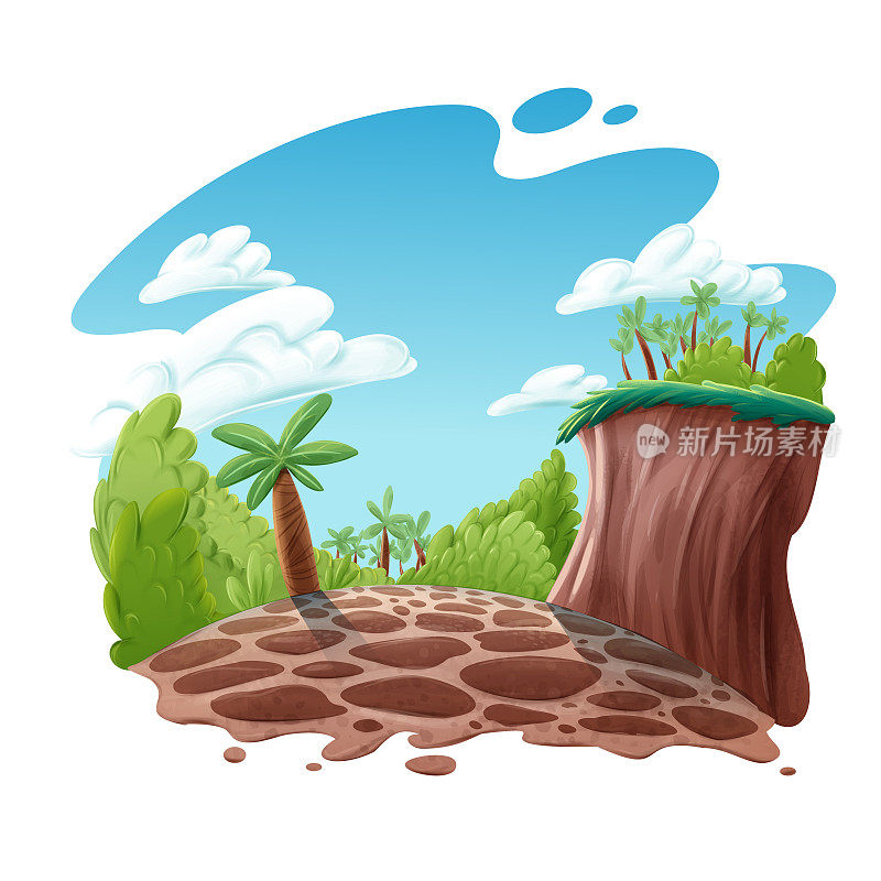 景观与棕榈树和岩石幻想卡通插图
