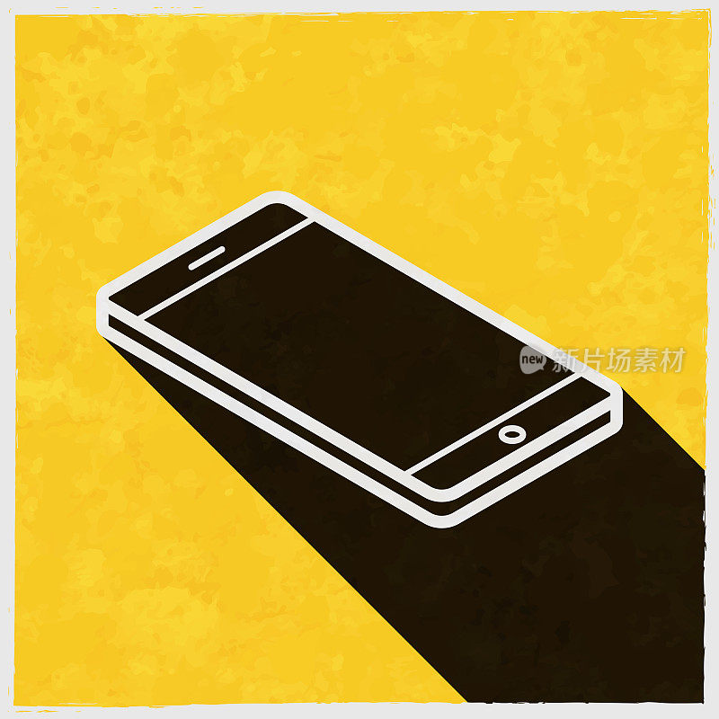 等距智能手机-平面位置。图标与长阴影的纹理黄色背景