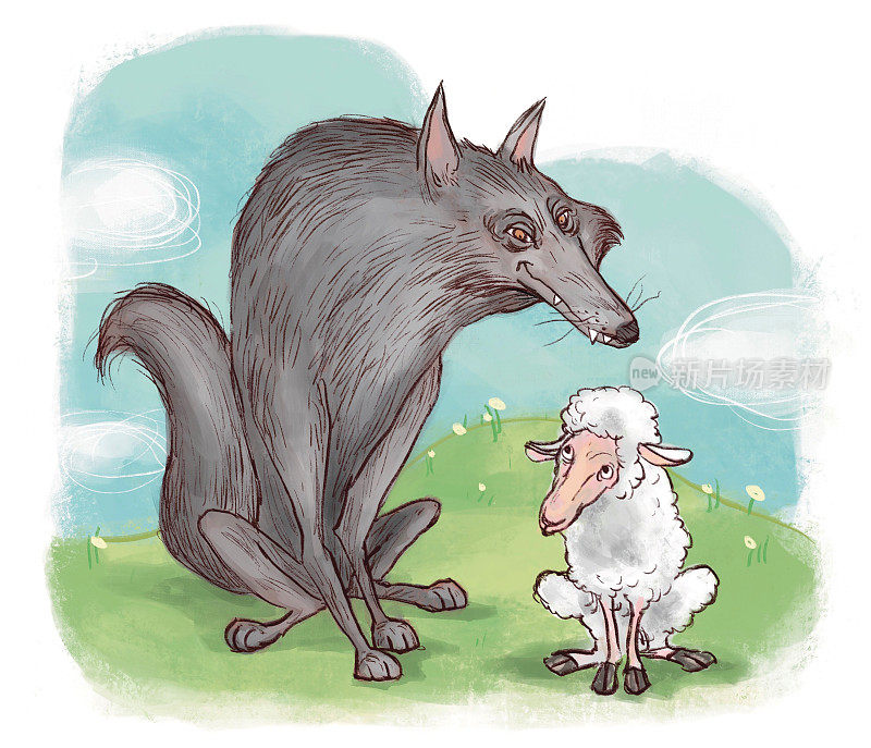 有一只羊和一只狼的童话插图