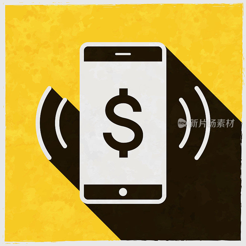 智能手机响着美元符号。图标与长阴影的纹理黄色背景