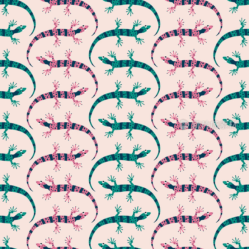 可爱的蜥蜴手绘矢量插图。可爱的彩色壁虎在平面风格无缝图案的儿童织物或墙纸。