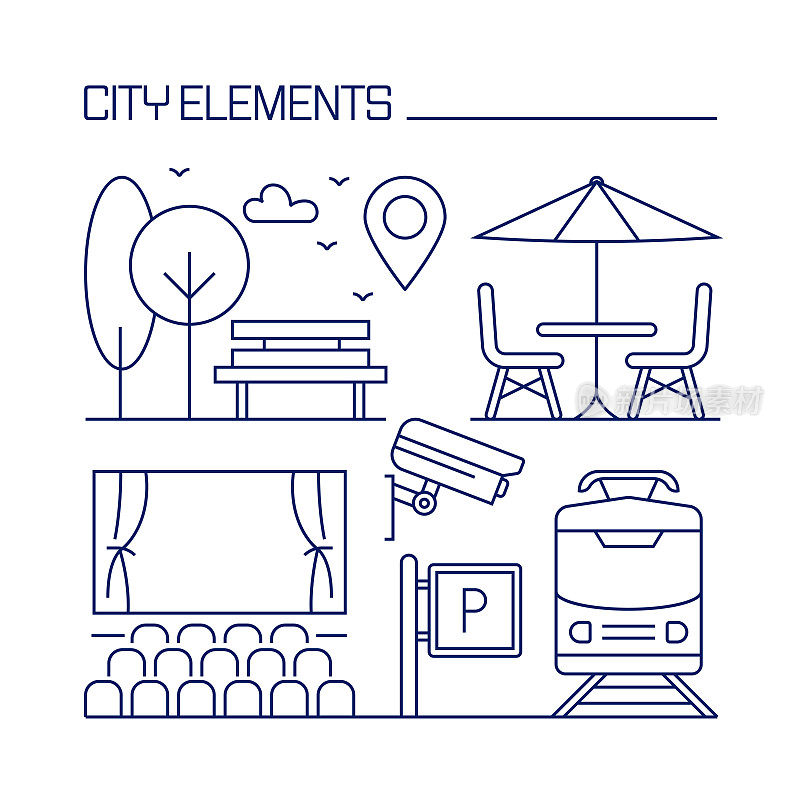 城市元素相关设计元素。使用大纲图标的模式设计。