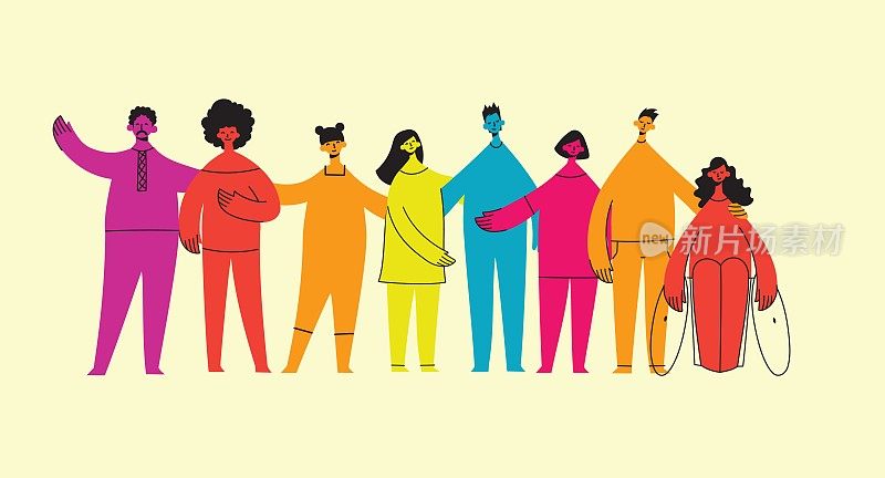 一群男人，女人站在一起。多元观念、平等、包容、多元文化社会。多元文化人群的向量集合。