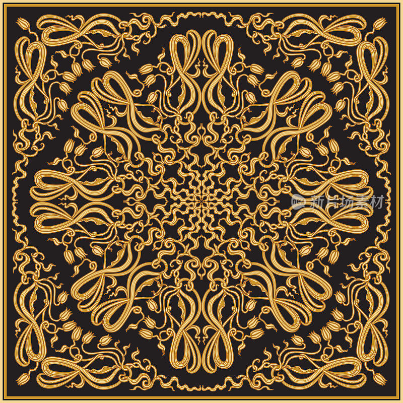 新艺术风格的金色卷轴百合花，金色花边饰带和玫瑰在黑色背景。围巾，大手帕印花，方形口袋范围，地毯