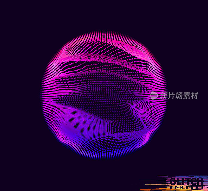 腐蚀的紫点球体。抽象向量彩色网格在黑暗的背景。未来主义风格的名片。
