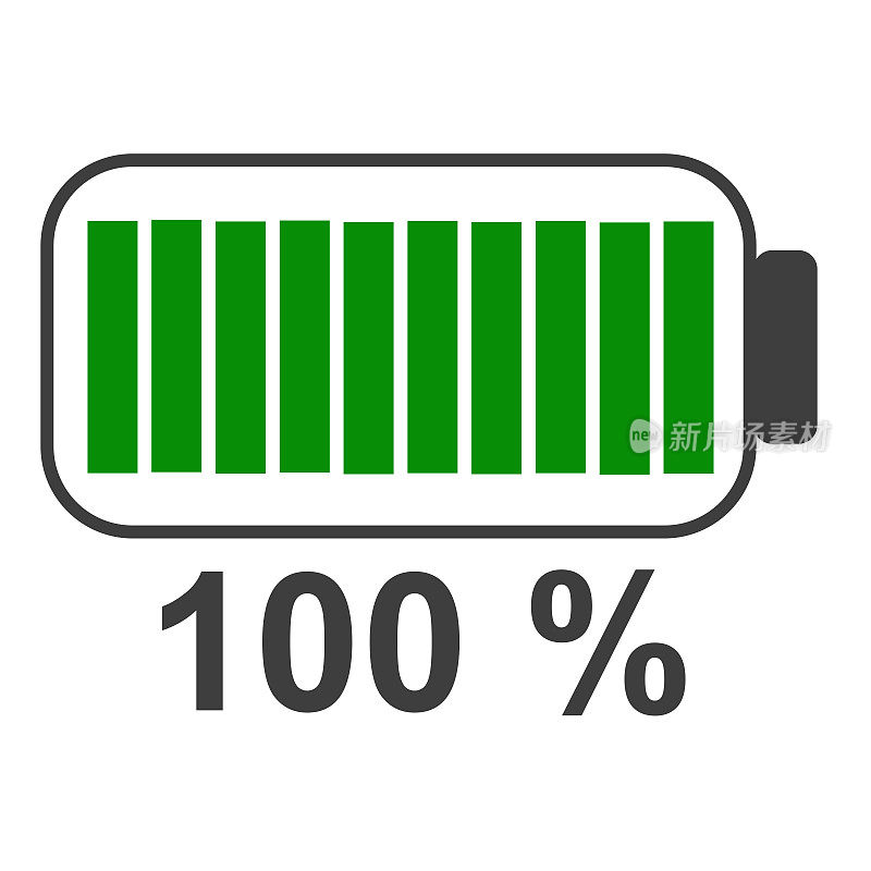 100%电池能源图标，电池充电器概念