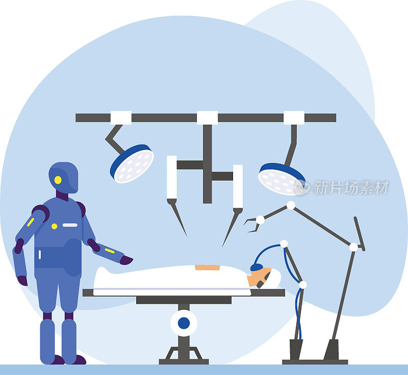 机器人手术概念，外科医生机器人与病人在手术室矢量图标设计，机器人医学符号，医疗保健场景标志，创新人工智能工作在现代诊所库存