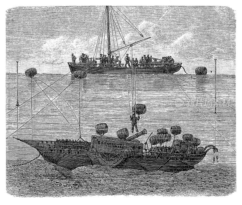 潜水员正在打捞沉没在康斯坦斯湖的“路德维克”号汽船，雕刻时间为1864年