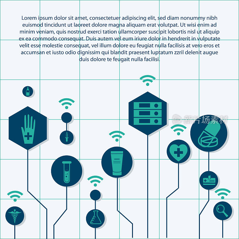平面风格的远程医疗、保健和急救概念。医学图标设置在彩色背景六边形。为web应用程序，演示文稿，打印的创意医学插图。