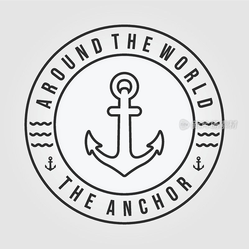 纹章线艺术锚船标志矢量设计插画，概念海盗和海岸警卫队海事