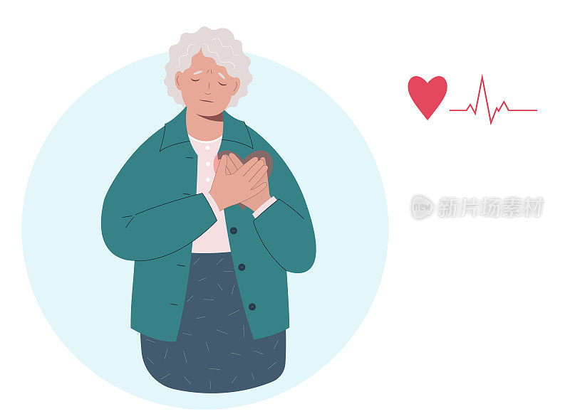 老年妇女心脏病发作，胸部疼痛。心血管疾病的概念。