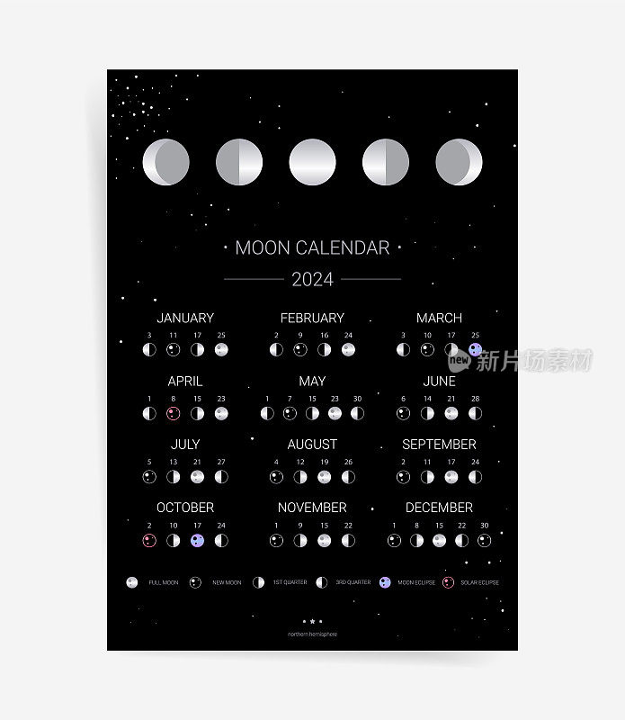 一页黑月历2024年卡片。现代天文农历2024海报模板设计。月相时间表概念。矢量图的背景。占星术每月日历。