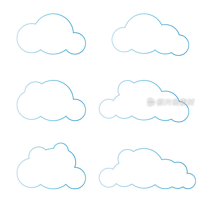 卡通云孤立在蓝天上的全景矢量收集。云景在蓝天下，白云插画