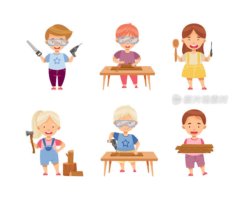 小孩子戴着护目镜站在桌子上木工用木板矢量集
