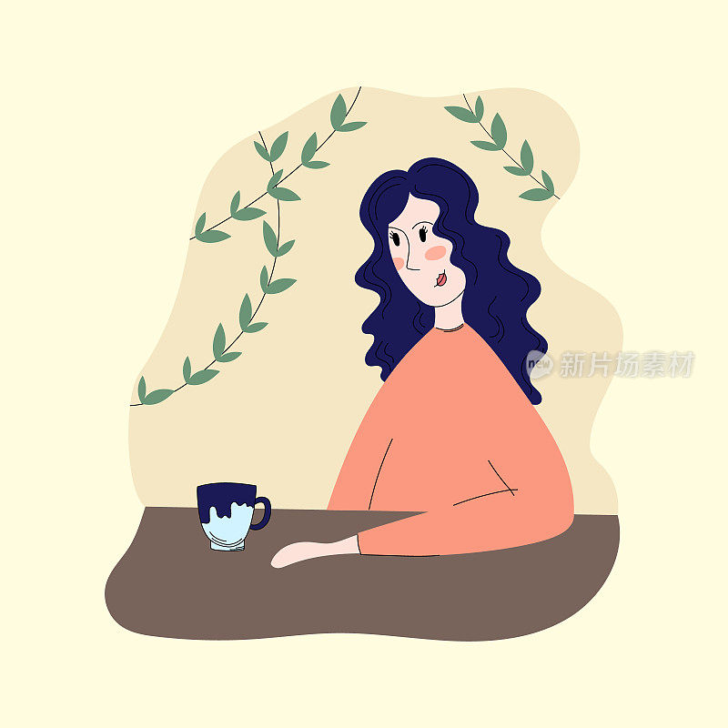 自我保健。平面风格的矢量插图。下午茶时间。一个年轻美丽的女孩静静地喝茶。