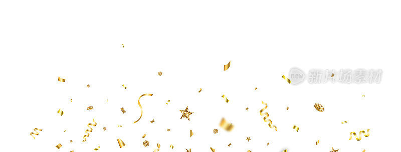 金色的五彩纸屑与闪亮的星星框架。圣诞假期横幅。周年庆典背景。闪闪发光的金色彩纸飘落。豪华节日装饰。生日晚会的背景。矢量图