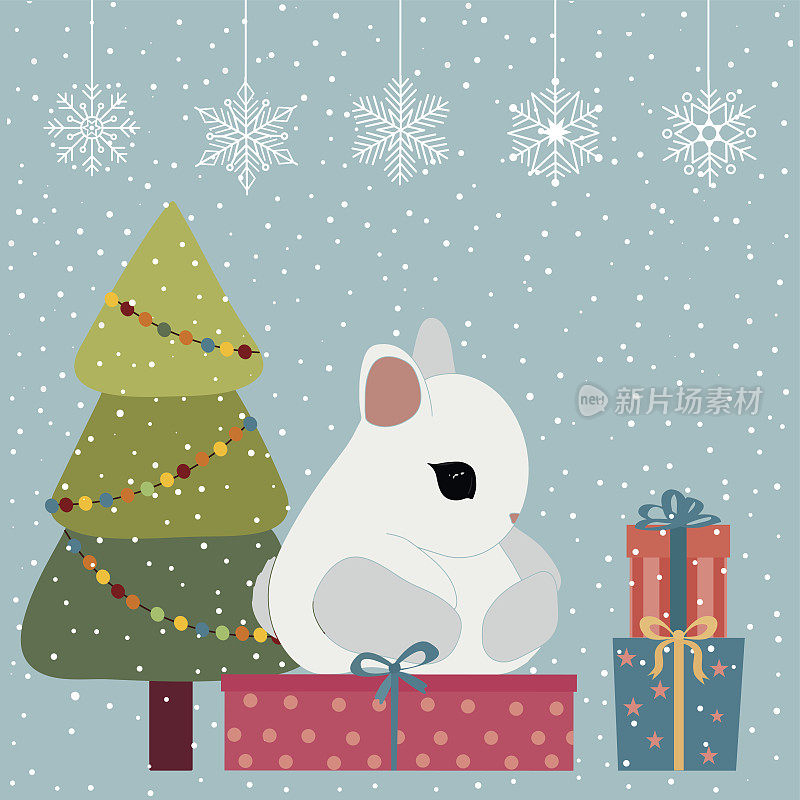 2023年兔年。可爱的圣诞兔子在圣诞树上和礼物。中国新年的象征。矢量图