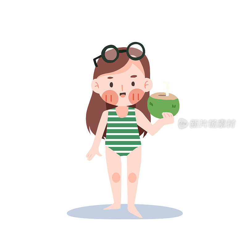 沙滩夏日概念。可爱的卡哇伊女孩在泳衣贴纸。