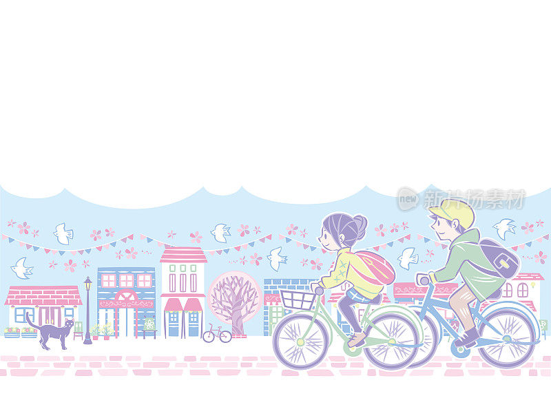 春天樱花盛开，男男女女骑着自行车