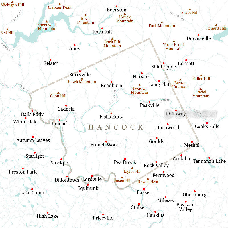 纽约州特拉华州汉考克矢量地图