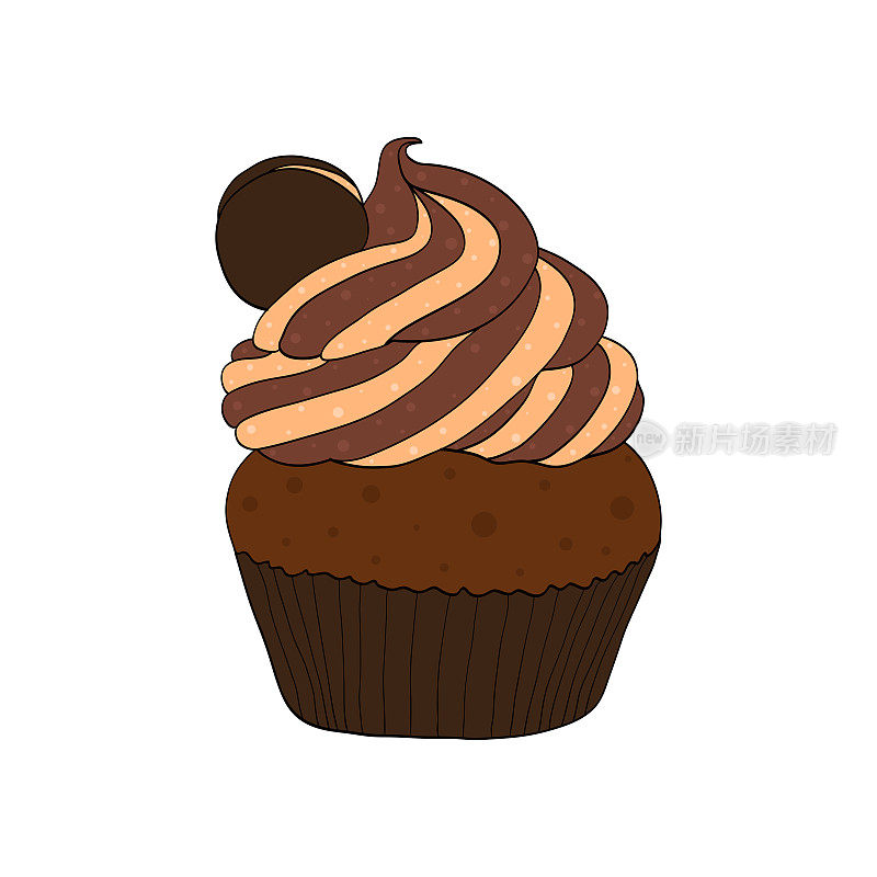 美味的松饼，蛋糕，巧克力饼干，奶油浇头。矢量插图隔离在白色背景上
