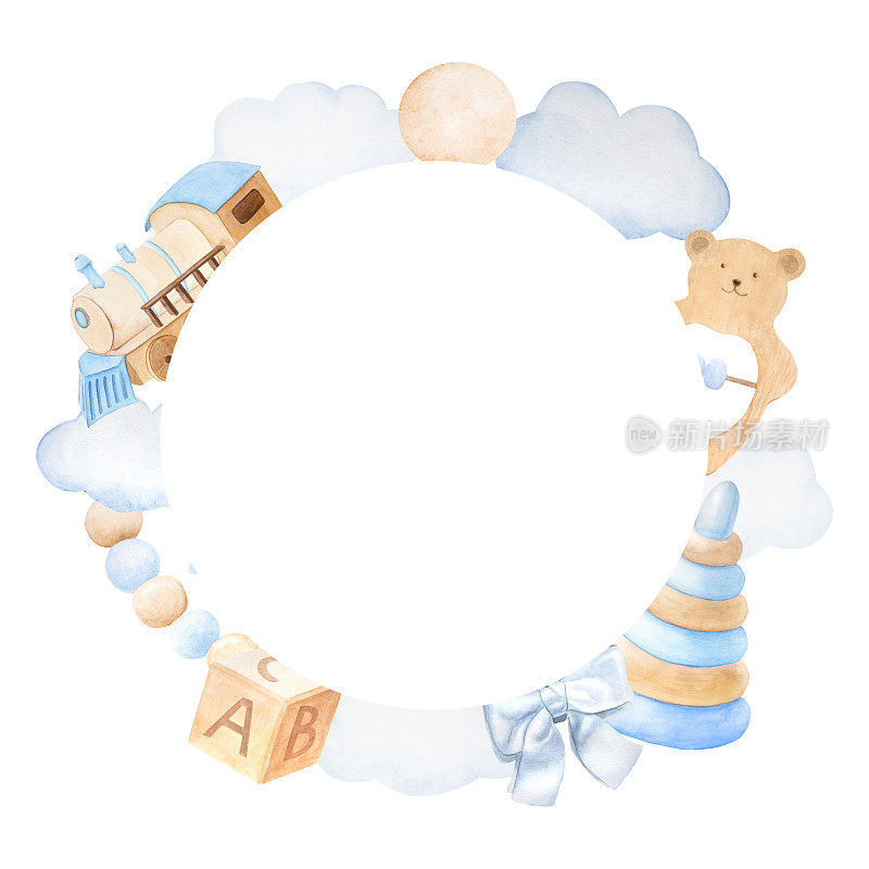 圆形框架花环的儿童玩具在蓝色和米色，水彩插图