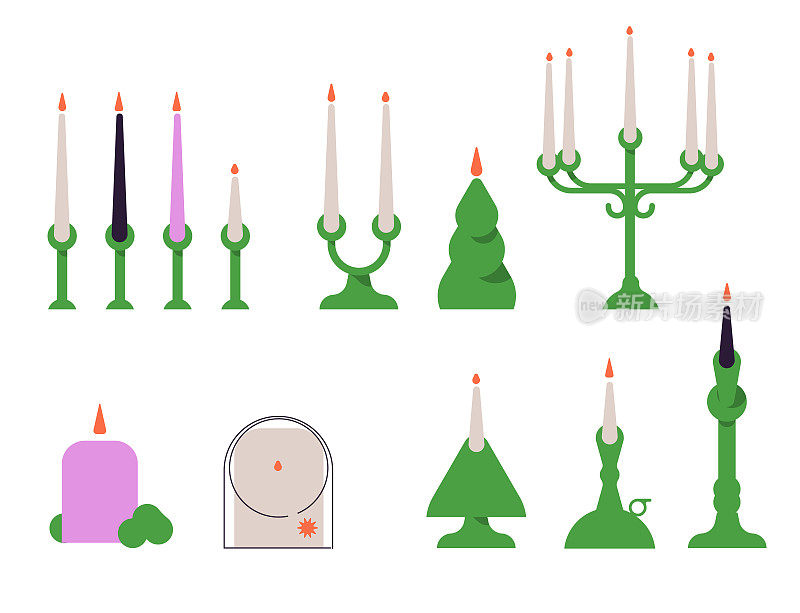 圣诞蜡烛在烛台上，支架。圣诞灯饰套装。烛光，喜庆的火焰。