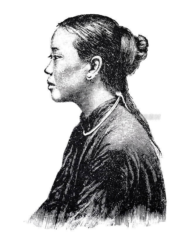 年轻的中国美女肖像与发髻，大头照，侧视图