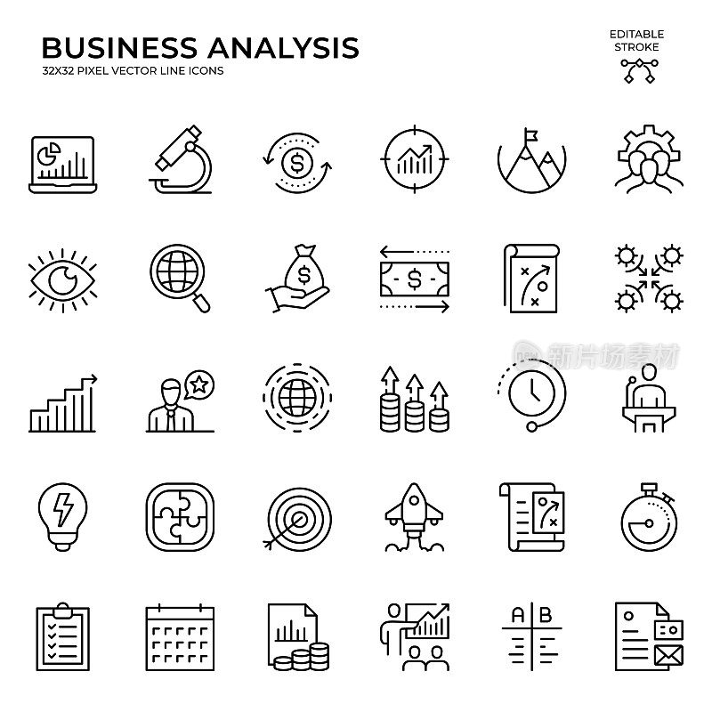 业务分析的可编辑笔画矢量图标集