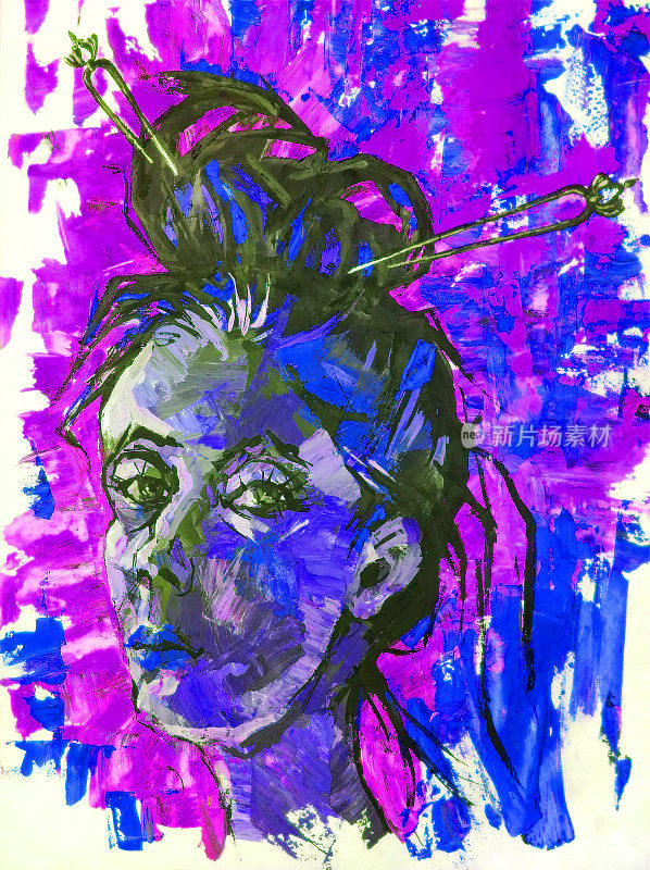 插图油画肖像的一个女人长黑发发夹在蓝色背景上的发型