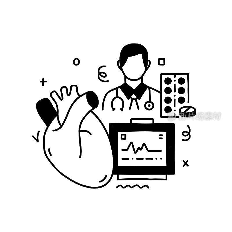 心脏病学相关设计与线图标。心脏，医生，保健。