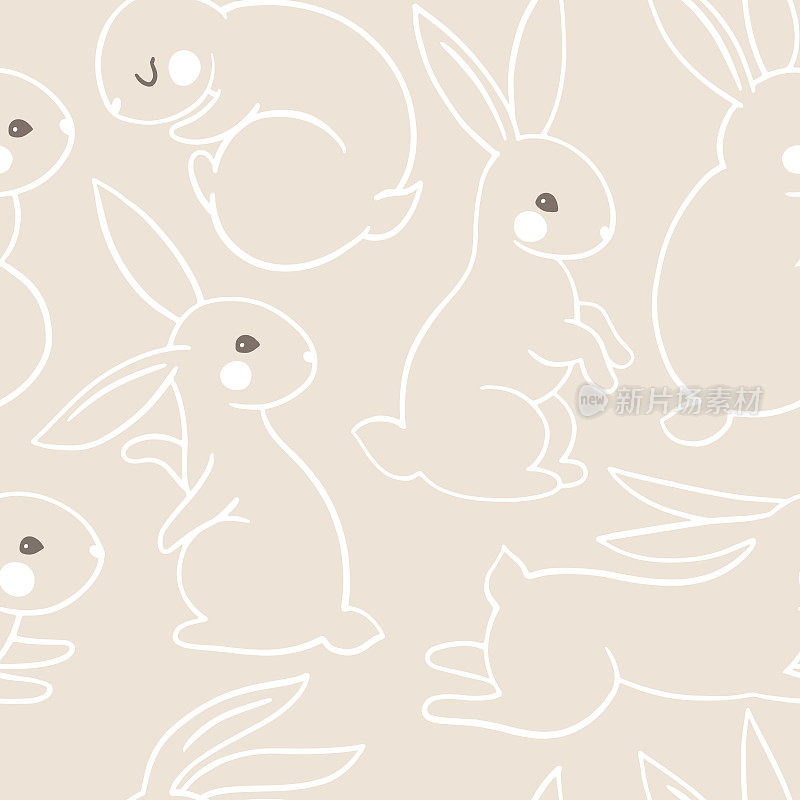 潮流简约无缝模式与兔子。素描线剪影动物兔在矢量。手绘卡通浮雕可爱的森林人物在米色背景。