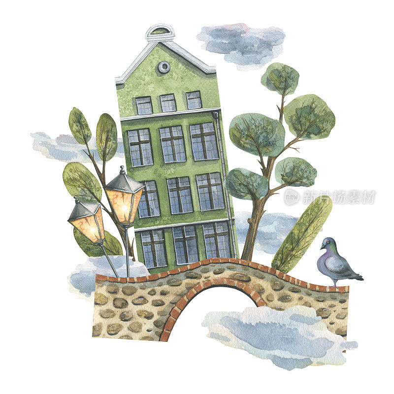 绿色的欧式房子，有石桥、树木、鸽子和灯笼。水彩插图。来自欧洲住宅系列的构图。用于旅游设计和宣传册、门票、纪念品。