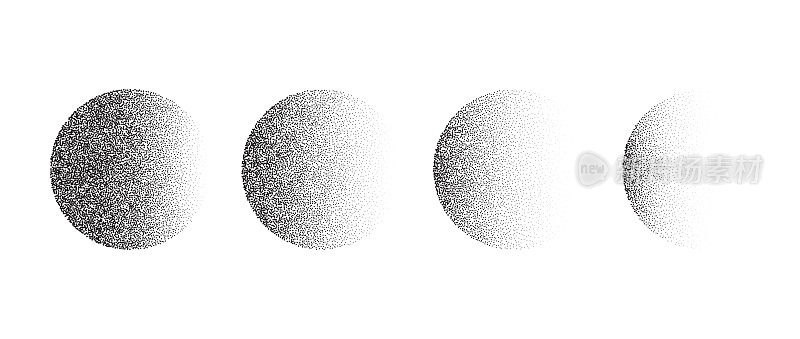 一组纹理渐变球体。黑色点圆集合。点画圆形元素包。褪色噪声颗粒点形状。半色调效果插图包。向量