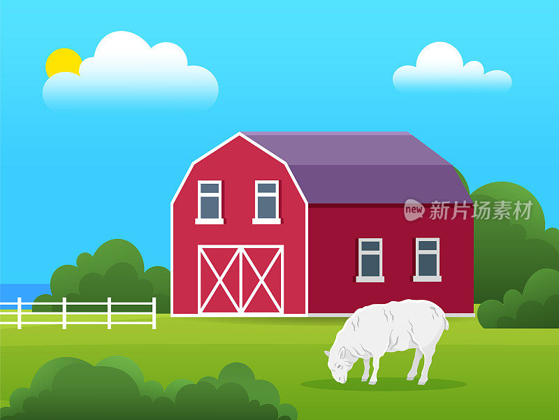 农家院，有偶蹄动物的生态农场。绵羊在草地上吃草，农田景观