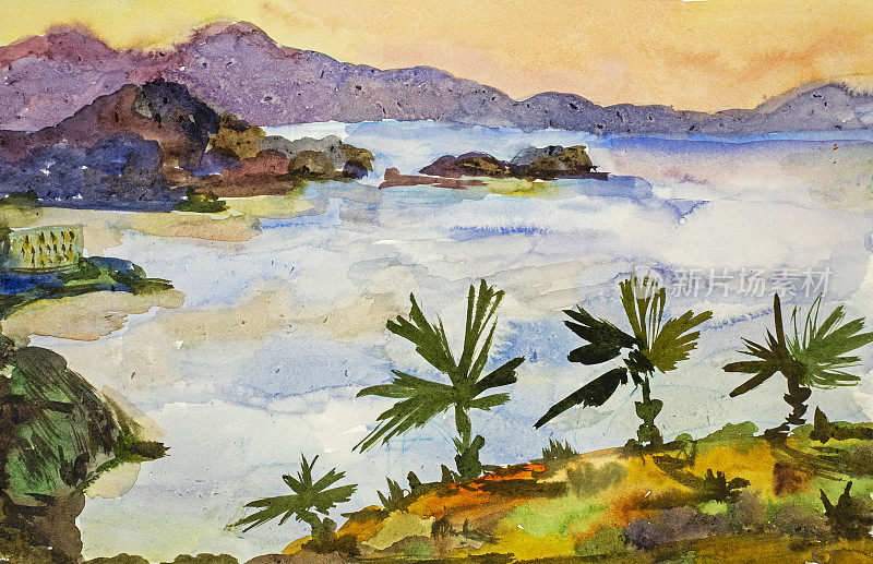 手绘水彩插图日落在海上与棕榈树