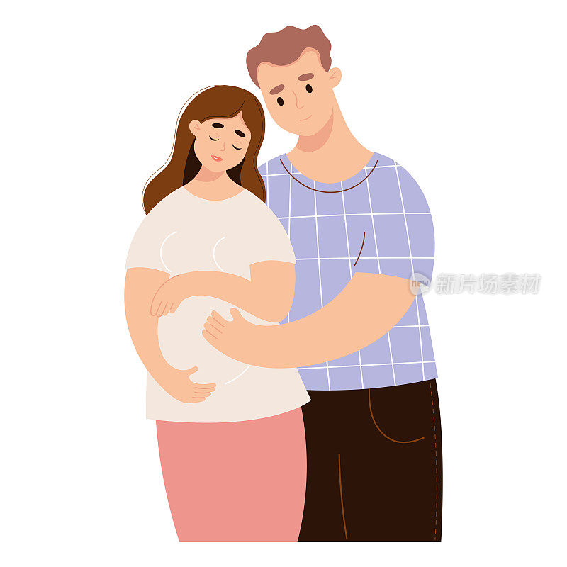 幸福的家庭期待宝宝。可爱的孕妇和丈夫。矢量插图。未来父母，怀孕母亲，为人父母的概念。