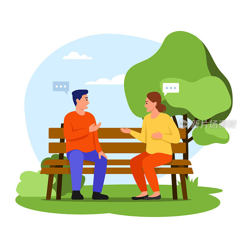 矢量插图夫妇坐在长凳上。卡通场景，一个男孩和女孩坐在公园的长椅上，在白色背景下聊天。