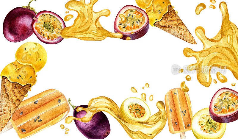 框架与百香果，冰淇淋水彩插图孤立的白色。Maracuja，多汁的水花手绘。包装，菜单，冰沙，冰淇淋，包装，餐具的设计元素