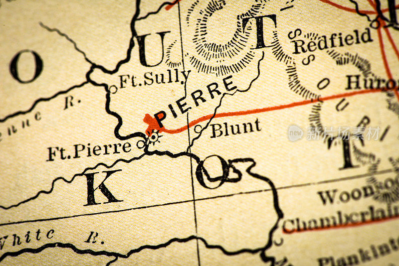 古董地图集地图宏观特写:皮埃尔，南达科他州