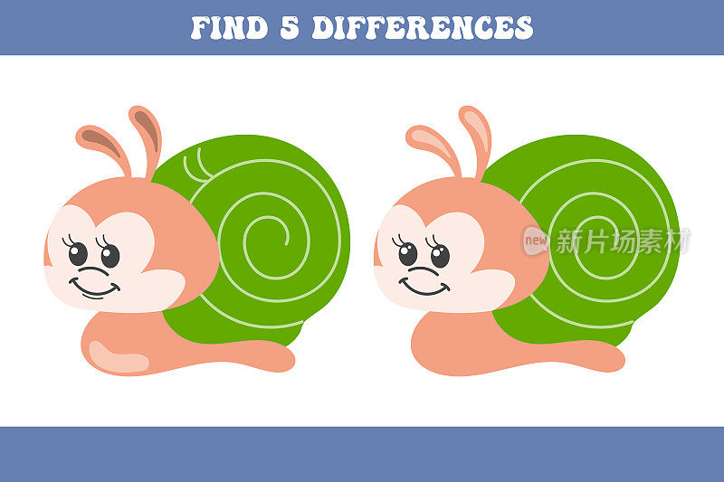 找出两个卡通蜗牛之间的5个不同点。儿童逻辑游戏，益智益智