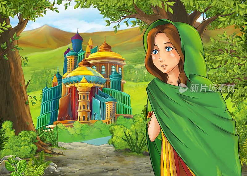 卡通自然风光与美丽的城堡与公主插图