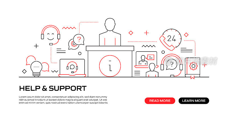 帮助和支持网络横幅与线性图标，新潮的线性风格矢量